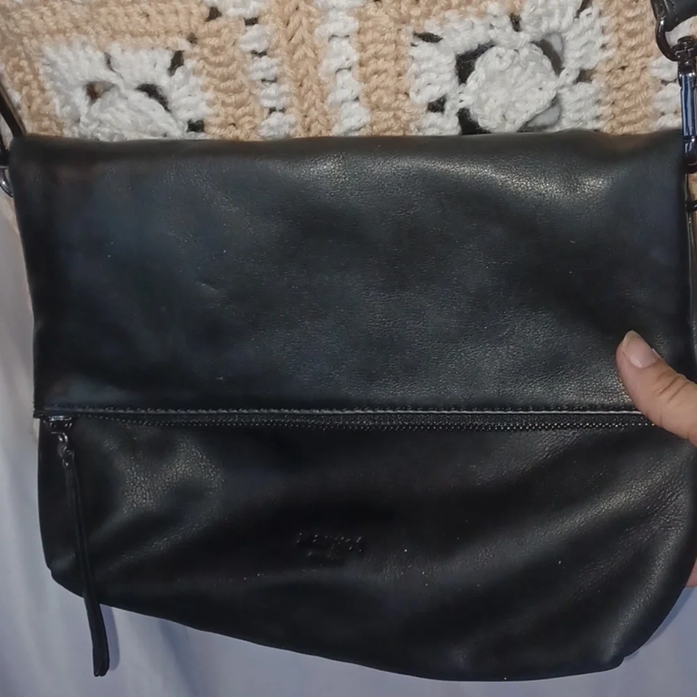 Margot Black Leather Robbie Fold-Over Crossbody Bag
